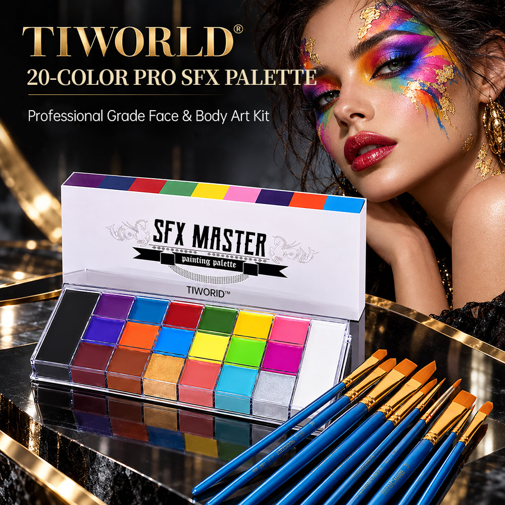 🎨 TIWORLD® 20-Color Pro Face & Body Paint Palette with 10 Brushes - Safe Non-Toxic Waterproof SFX Kit for Cosplay & Parties ✨