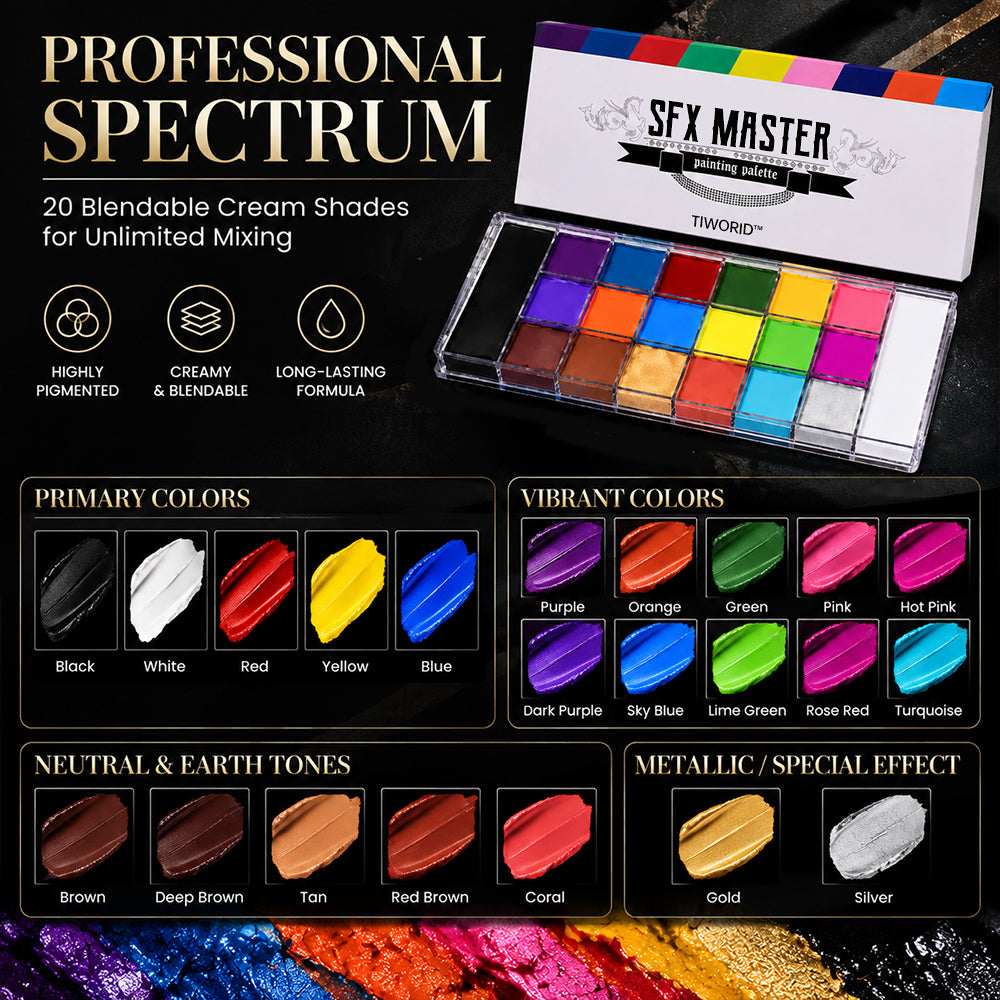 🎨 TIWORLD® 20-Color Pro Face & Body Paint Palette with 10 Brushes - Safe Non-Toxic Waterproof SFX Kit for Cosplay & Parties ✨