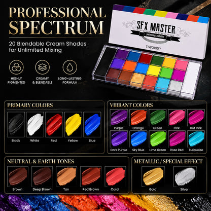 🎨 TIWORLD® 20-Color Pro Face & Body Paint Palette with 10 Brushes - Safe Non-Toxic Waterproof SFX Kit for Cosplay & Parties ✨